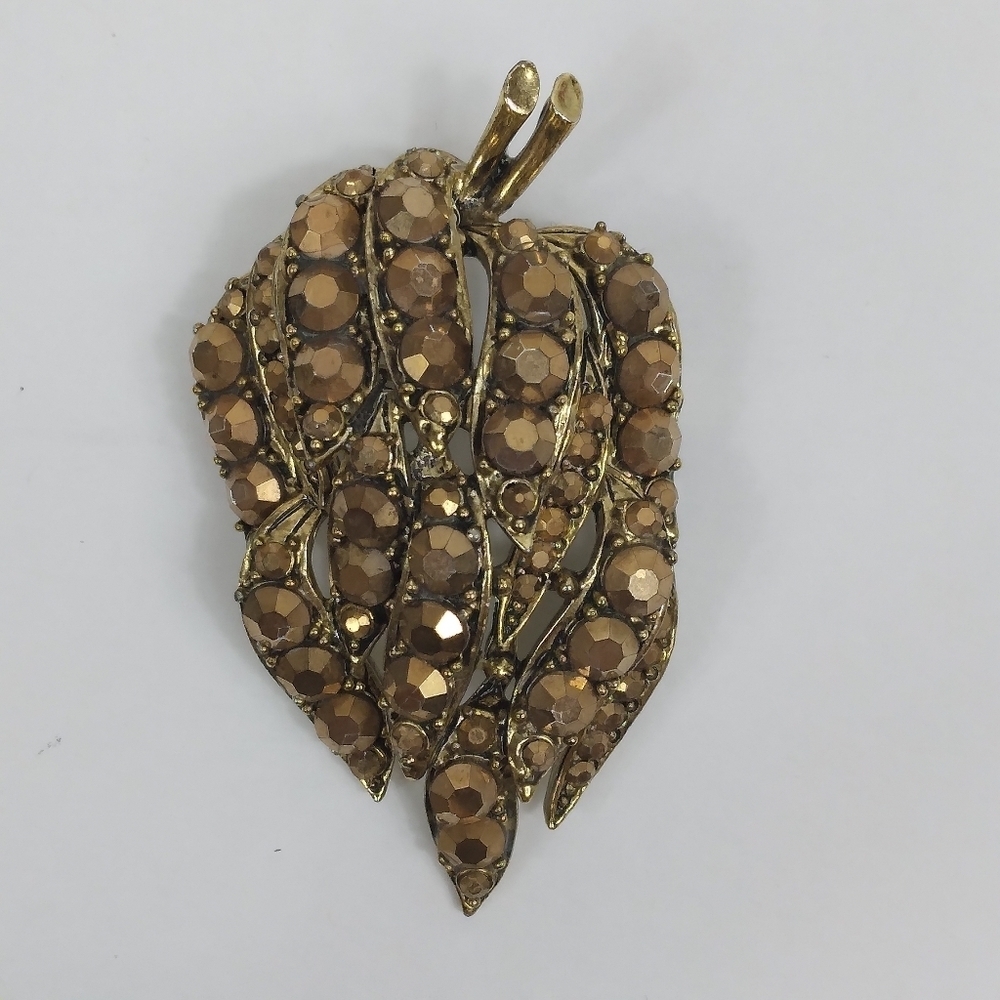 Vintage Brown Rhinestone Leaf Brooch Gold Tone